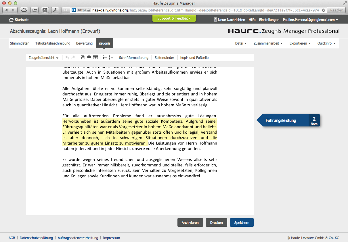 UX Design für Haufe Zeugnis Manager