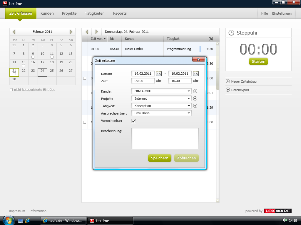 Lexware zeitmanagement Software mit CKUI